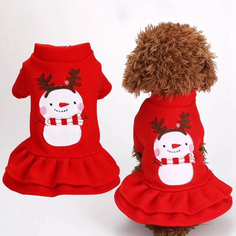 Dog Christmas Clothes Pet Dog Girl Snowman Printed Princess Dress Small