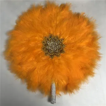 

3pcs African Orange Turkey Feather Hand Fan Handmade Fans for Wedding Decoration Hand Fan with Stone Double-sided Feather Fan-30