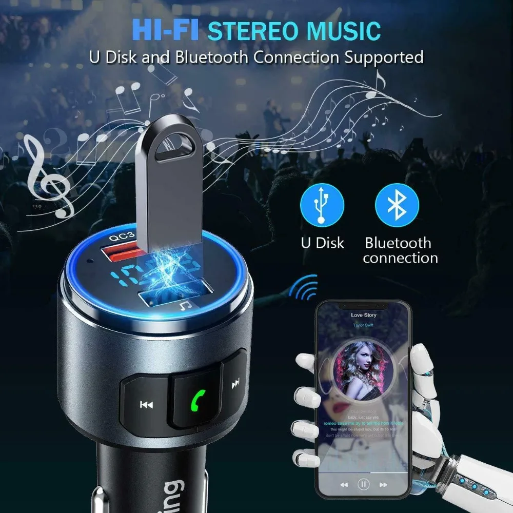 VICTSING Bluetooth Wireless FM Transmitter Car Kit MP3 Radio Adapter USB Charger 
