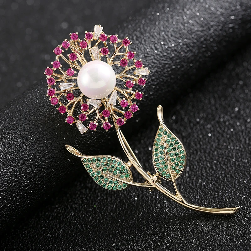 

Luxury Beautiful White Pearl Dandelion Flower Brooches Pins Cubic Zirconia Red Floral Sunflower Stem Leaves Statement Pin Brooch