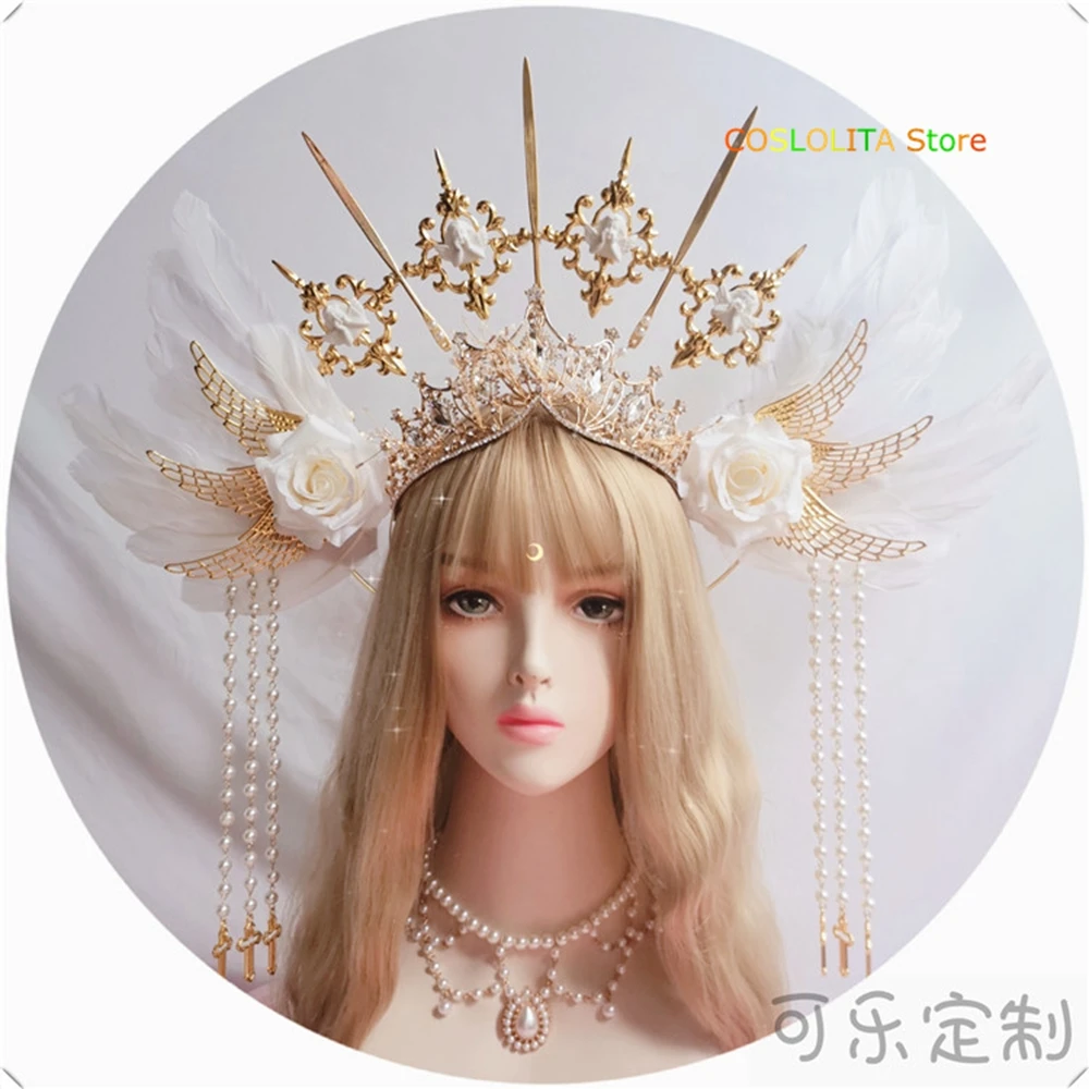 Lolita Apollo Angel Feather Wings Virgin Sun Halo Crown Tassel Bead Chain Vintage Mary Baroque Tiara Headwear Tiaras Headband |