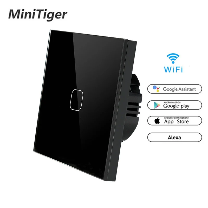 Minitiger Tuya/Smart Life/ewelink Wi-Fi 1 банда 1 позиционный переключатель Хрустальная стеклянная панель сенсорный настенный переключатель умный дом автоматизация беспроводной - Цвет: WiFi Black 1gang