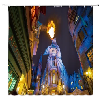 

3D Street Scenery Waterproof Shower Curtain Bathroom Landscape Night Waterproof Famous Building Curtain Bath Mat Set