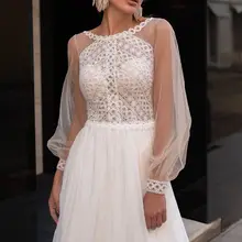 

O Neck Long Sheer Sleeves Lace Bridal Gown Front Slit Summer Chiffon V-Back Handmade Custom Made Wedding Dresses