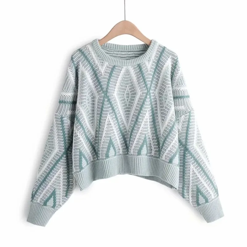 

2020 Spring and Autumn New European and American Style Fashion Geometry Pattern Contrast Color Lazy Wind Pullover Pullover Women