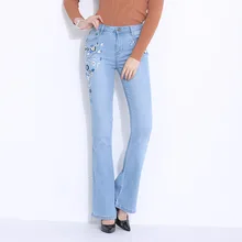 FERZIGE Новые прямые облегающие брюки с вышивкой Женские обтягивающие джинсы с высокой талией роскошные женские повседневные брюки светильник синего размера плюс