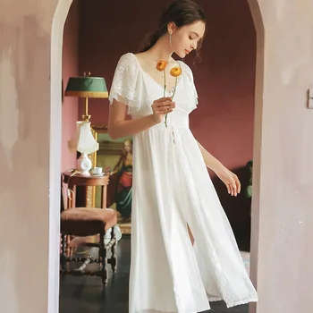 

Women Summer Mesh Sexy Thin Short-Sleeved Court Nightdress Sweet Lace Long Sleepwear White Night Dresses for Party Sleepshirts