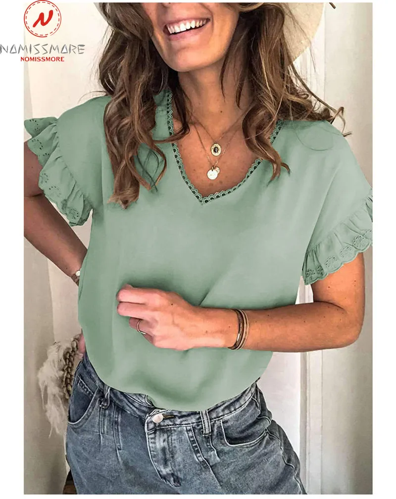 Fashion Women Summer Solid Color T-Shirts Patchwork Design Lace Ruffles Decor V-Neck Short Sleeve Casual Pullovers Thin Top | Женская