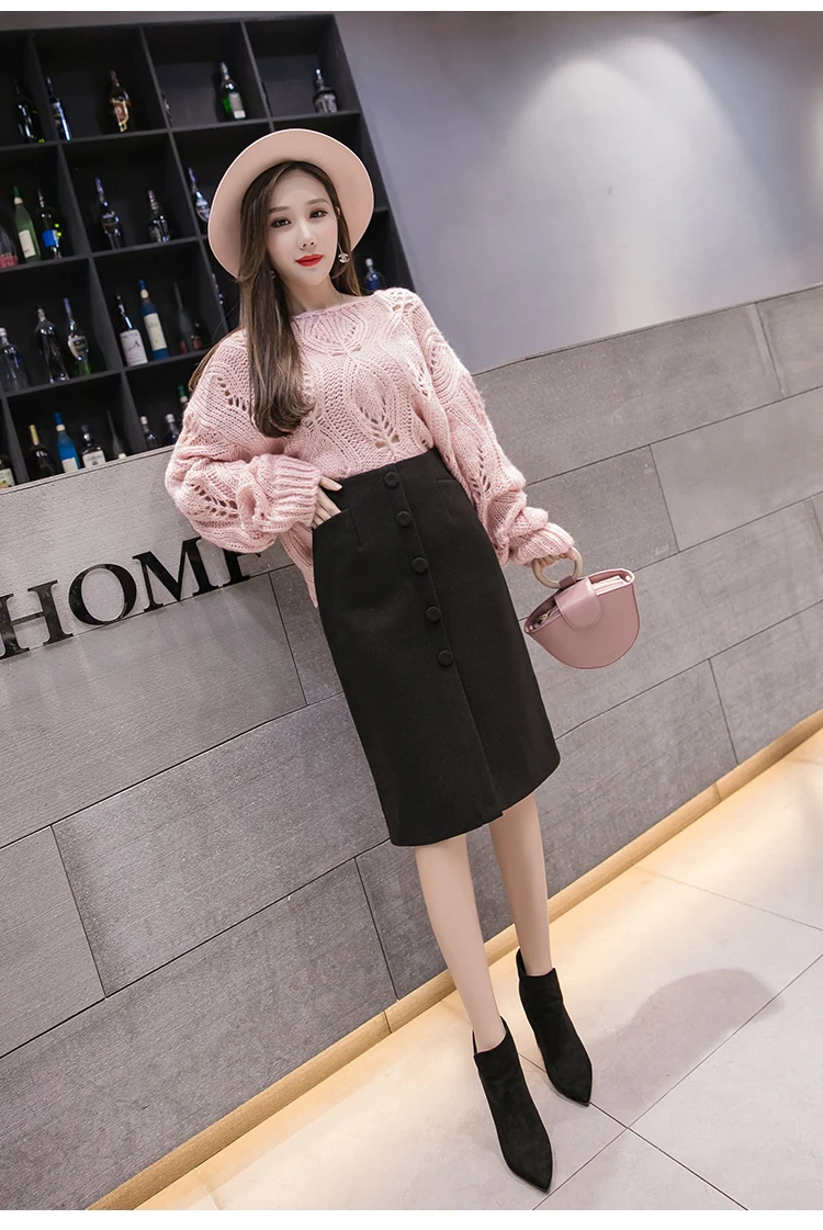 woolen warm skirts womens Autumn And Winter high waist elegant Single-breasted office work skirt women saia jupe falda