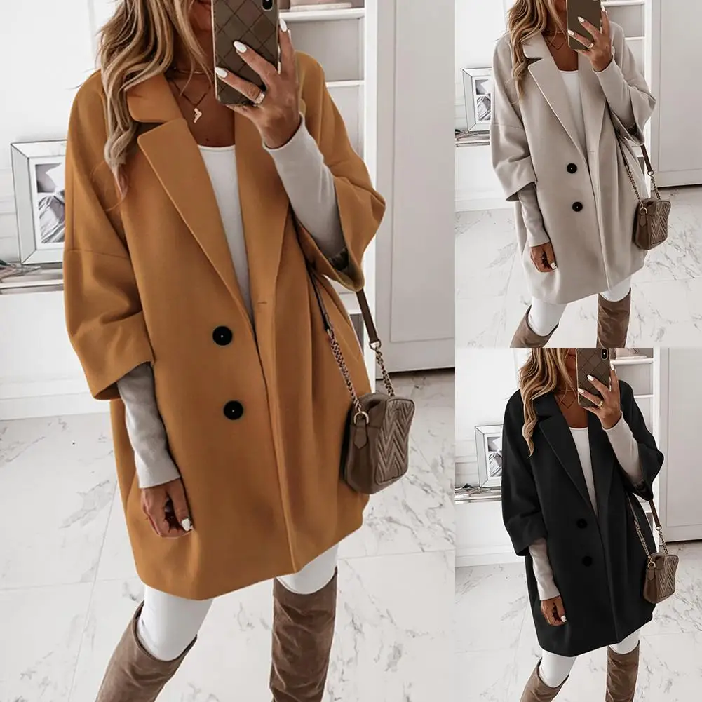 Женское повседневное длинное пальто на пуговицах с рукавом 3/4 и карманами осень