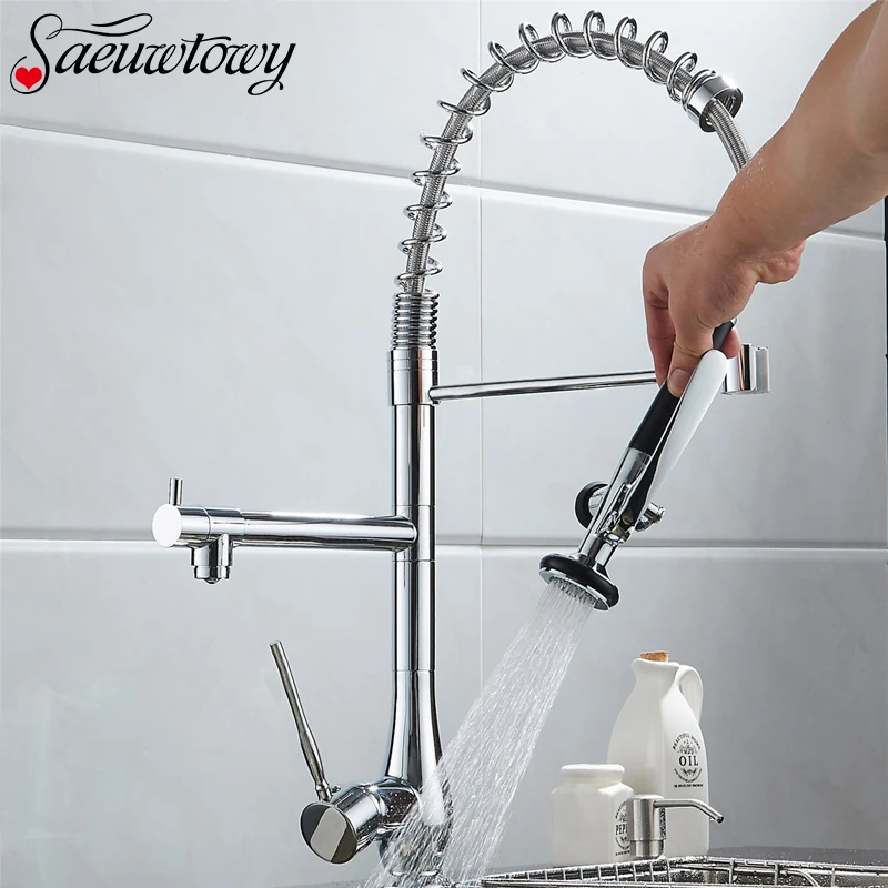 

Pull out Chrome Deck Mounted Kitchen Spring Faucet Kitchen Tap Double Outlet Rotating Faucet Sink Mixing Hot And Cold Mixer