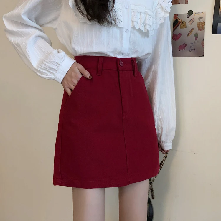 

Denim Skirt High Waist A-line Mini Skirts Women 2020 Summer New Arrivals Pockets Candy Color Jean Skirt Style Saia Jeans
