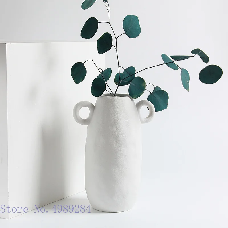 Handmade White Ceramic Vase Handle Retro Continental Scrough Rough Surface Floral Hollow Flower Vase Ceramic Crafts Ornaments 2