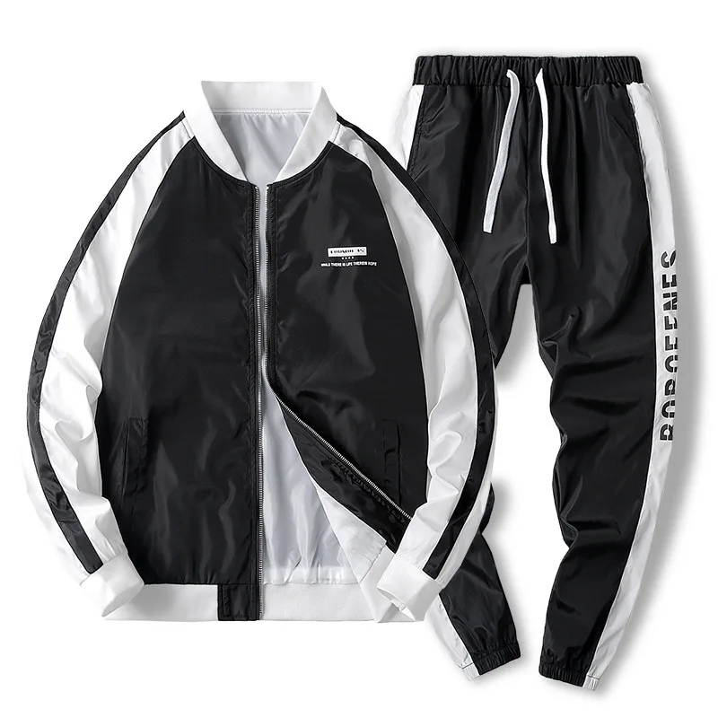 Japanese streetwear loose casual jacket sweatpants 2 piece set mens swaetsuits bomber pilot jacket tracksuit men gym jogger set - Цвет: Черный