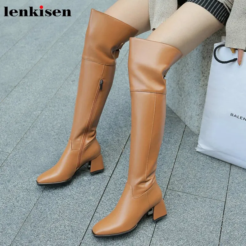 

Lenkisen big size basic square toe cow leather boots high heels side Zipper solid winter keep warm women thigh high boots L4f7