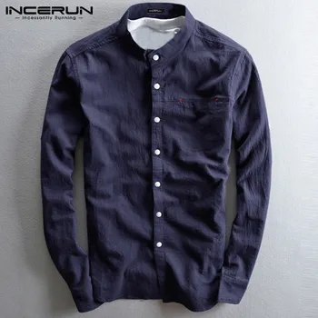 

INCERUN Men Long Sleeve Shirt Cotton Linen Retro Plain Autumn Casual Henley Shirt Button Stand Collar Men Clothing Harajuku 2020