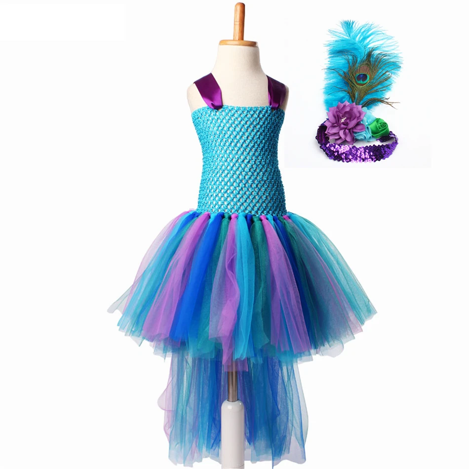 Peacock Girls Dress With Headband Long Trail Dresses Fluffy Robe Fille For Kids Photo Performance Costume Pageant Gowns Clothes4_副本_副本