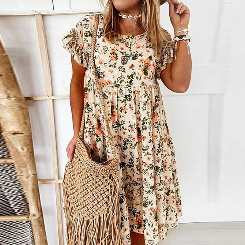 2022 Summer Floral Print Dress Women Bohemian Ruffles Short Sleeve A-Line Dress Elegant O-Neck Loose Mini Party Dresses Vestidos lace bathing suit cover up