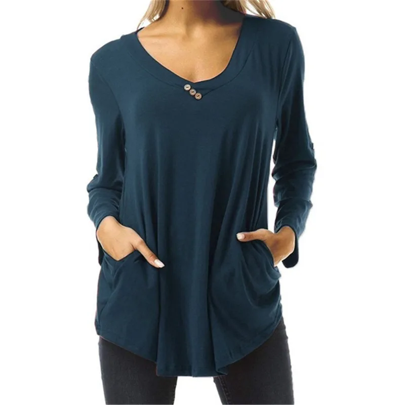 

New Basic T Shirt Autumn Women O-Neck Long Sleeve Top Casual Buttons Pockets Bottoming Tee Shirt Plus Size S-6XL