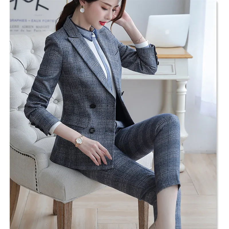 Клетчатый брючный костюм больших размеров, элегантный комплект брюк для офиса, женский стиль, клетчатая куртка, брюки, деловой женский костюм, Femme 80325