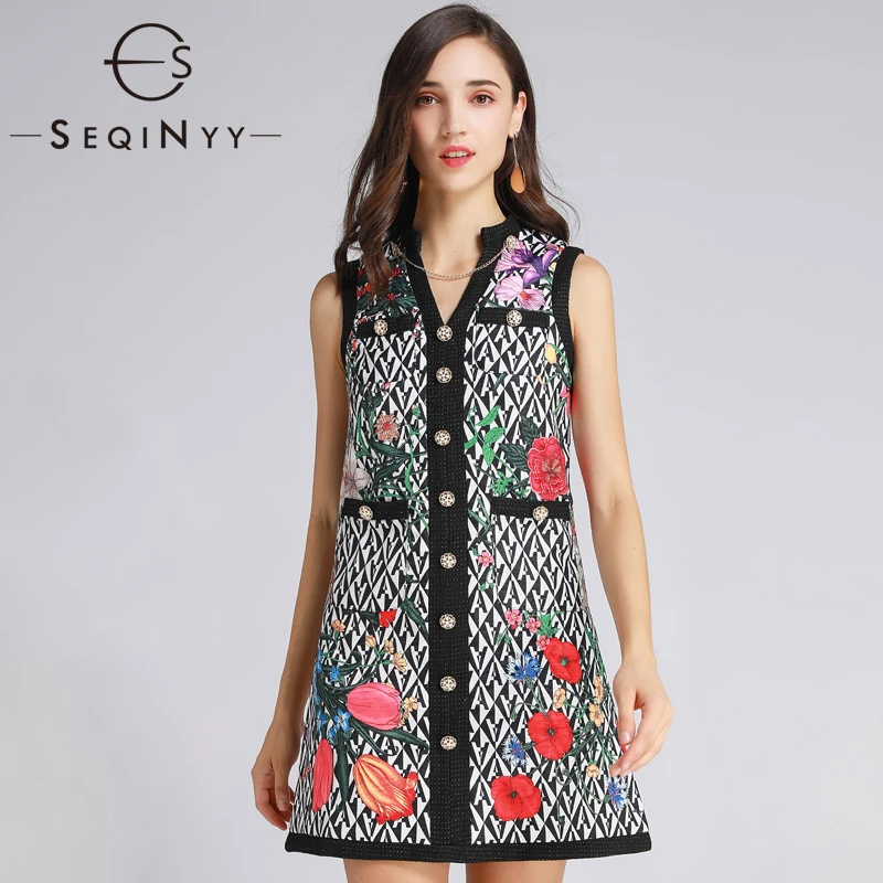 

SEQINYY Vest Dress 2020 Summer Spring New Fashion Design Letter Flowers Printed Buttons High Quality A-line Mini Dress