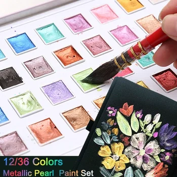 

12/36 Color Solid Watercolor Paints Set Textured Pearlescent Pigment Metallic Glitter Acuarela Suit Portable Art Supplies