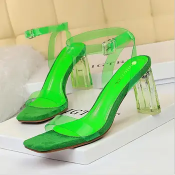 

Fashion crystal heel thick heel high heel square toe open cut transparent one word sandal with belt buckle