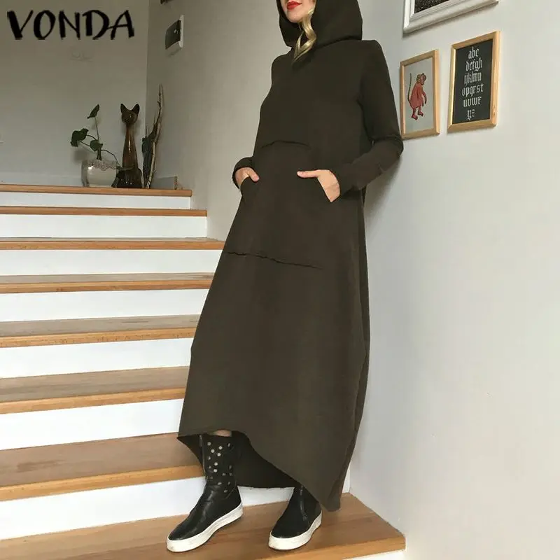 Платье с длинным рукавом VONDA осенние однотонные платья с капюшоном размера плюс пляжный сарафан богемные Vestidos Femme длинный халат
