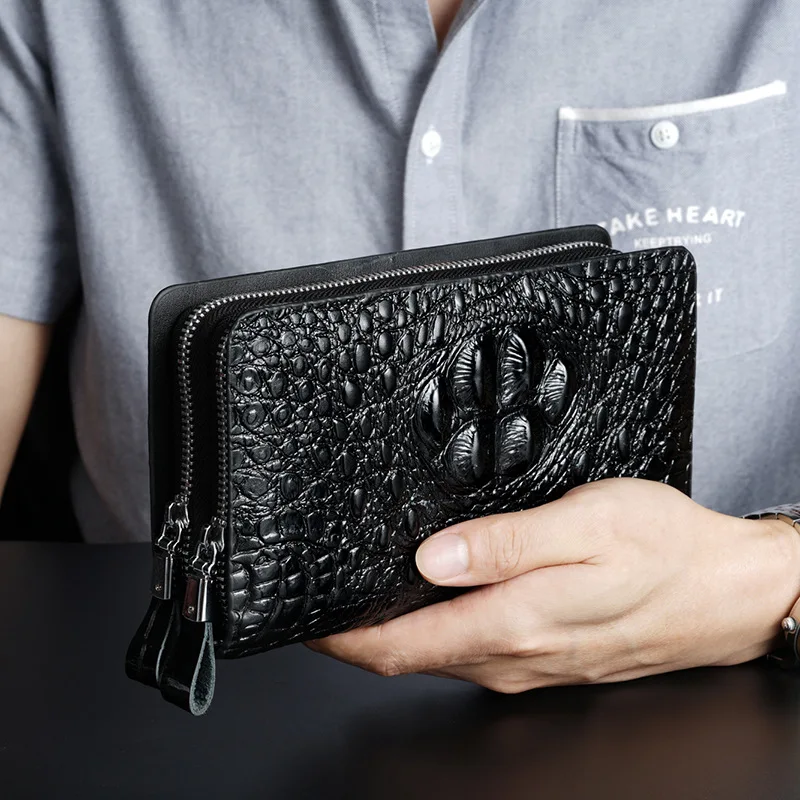

Men luxury Wallet Black Genuine Leather Clutch Bag Business Double zipper Crocodile Pattern Wallet Coin Purse hombre billeteras