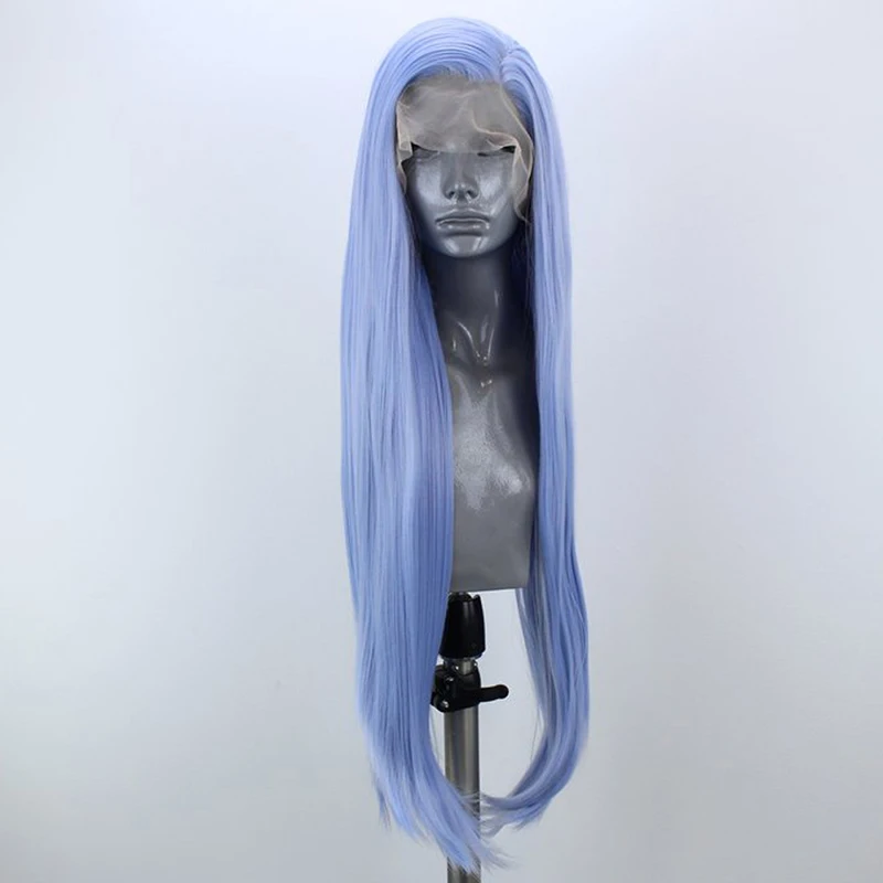

QUINLUX WIGS Light Blue Long Natural Straight Synthetic Lace Front Wigs for Women with Side Part Glueless Heat Resistant Wig