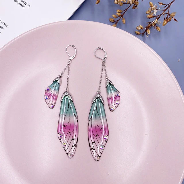 Fairy Resin Butterfly Earrings for Women Shining Crystal Flake Double Wing Long Drop Earrings Ladies Wedding Party Jewelry 2020 Silver-Pink Green