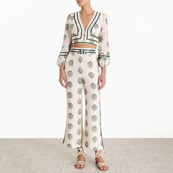 

Autumn Women Long Sleeve Fashion Two Piece Set Striped Print Patchwork Sexy V-Neck Short Tops + Wide Leg Pant Two-Piece Set