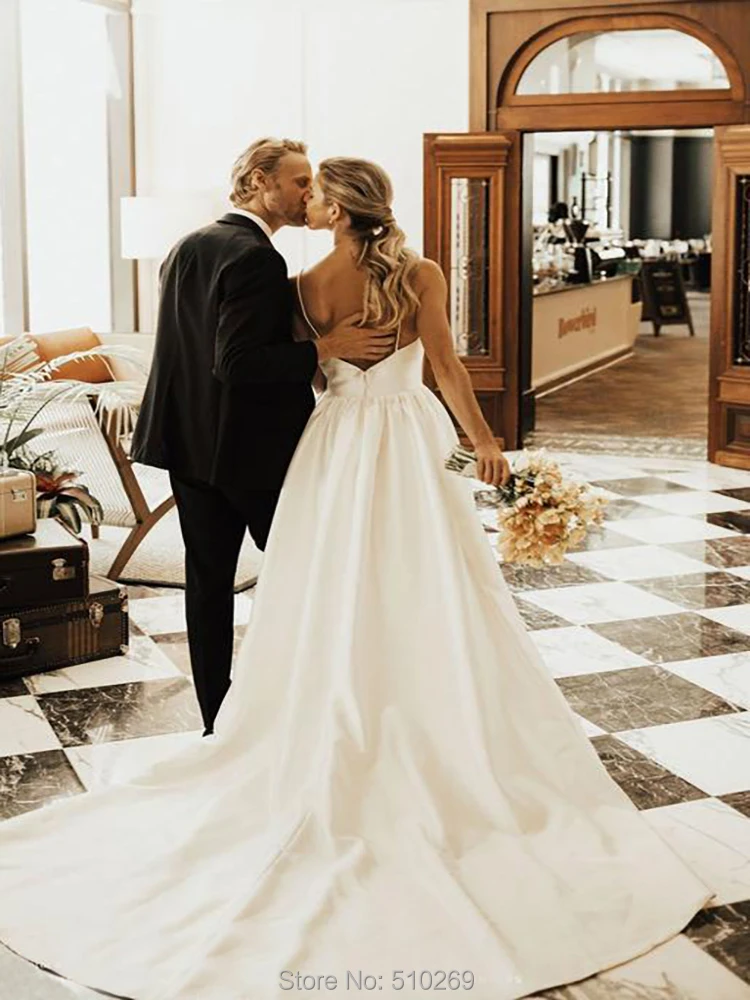 A line V Neck Spaghetti Straps Low Back Lustrous Satin Plunging V Neck Bridal Gown Vestido De Noiva Wedding Dress