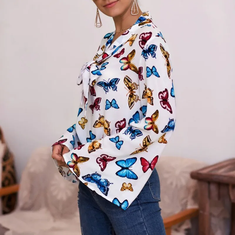 

Women Autumn Fashion New Butterfly Bow Print V neck Long FLare Sleeve Slim Blouses Hot