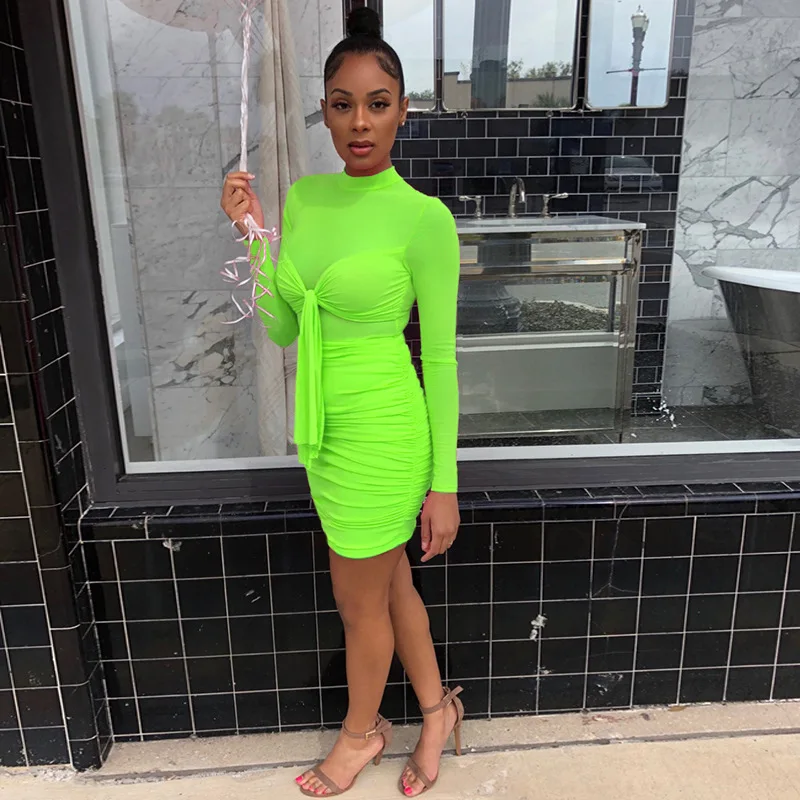 

Spring Summer for Women 2020 Wrap Neon Green Long Sleeve Dress Pleated Mesh See through Mini Sexy Party night Club Dress