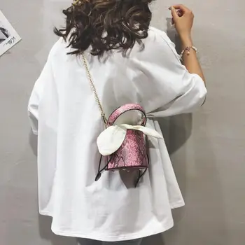 

Drawstring Bag PU Bucket Crossbody Handbag Chain Women Bow Shoulder Bags