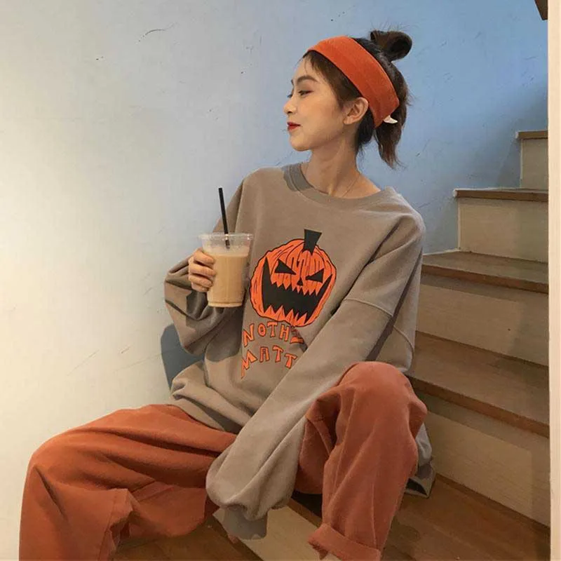 

NiceMix Harajuku Sweatshirt Women Patchwork Unisex Pullovers pumpkin print Jumpers Fake 2 Pieces Streetwear Pull MILITARY RANGER