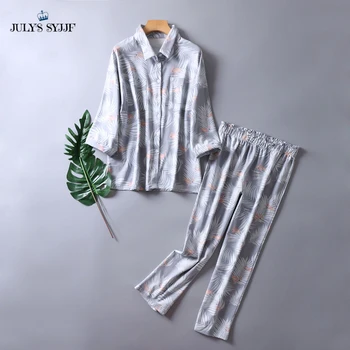 

JULY'S SYJJF Cotton Pajamas Set 2 Pieces Women Spring Autumn Printing Plants Fresh Visual Long Sleeve Sleepwear Pajamas Home