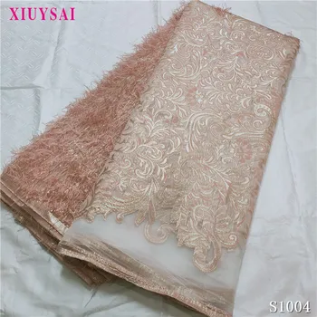 

High Quality Lace Brocade Lace Fabric with Feather Wholesale African Nigerian French Pink Bridal Tulle Net Lace Fabric Materials