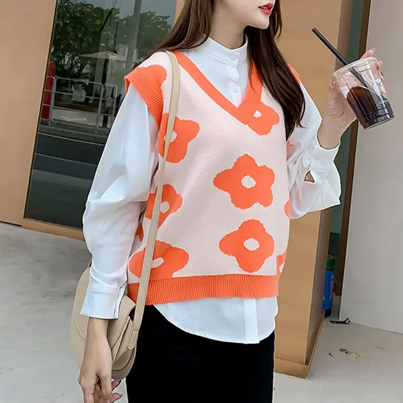 Orange women sweater RICININA, осенние свитера для женщин, свитер, жилет, корейский стиль, v-образный вырез, без рукавов, однотонный, вязанный, пуловеры, Mujer, Повседневные свитера для девушек - Цвет: Orange women sweater