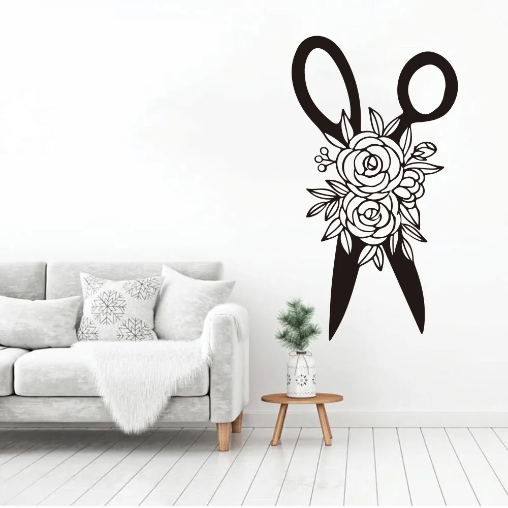 Large Scissors Flower Crafter Sewing Quilting Wall Sticker Sewing Room Hairdress Scissors Barber Shop Wall Decal Vinyl Decor (2)