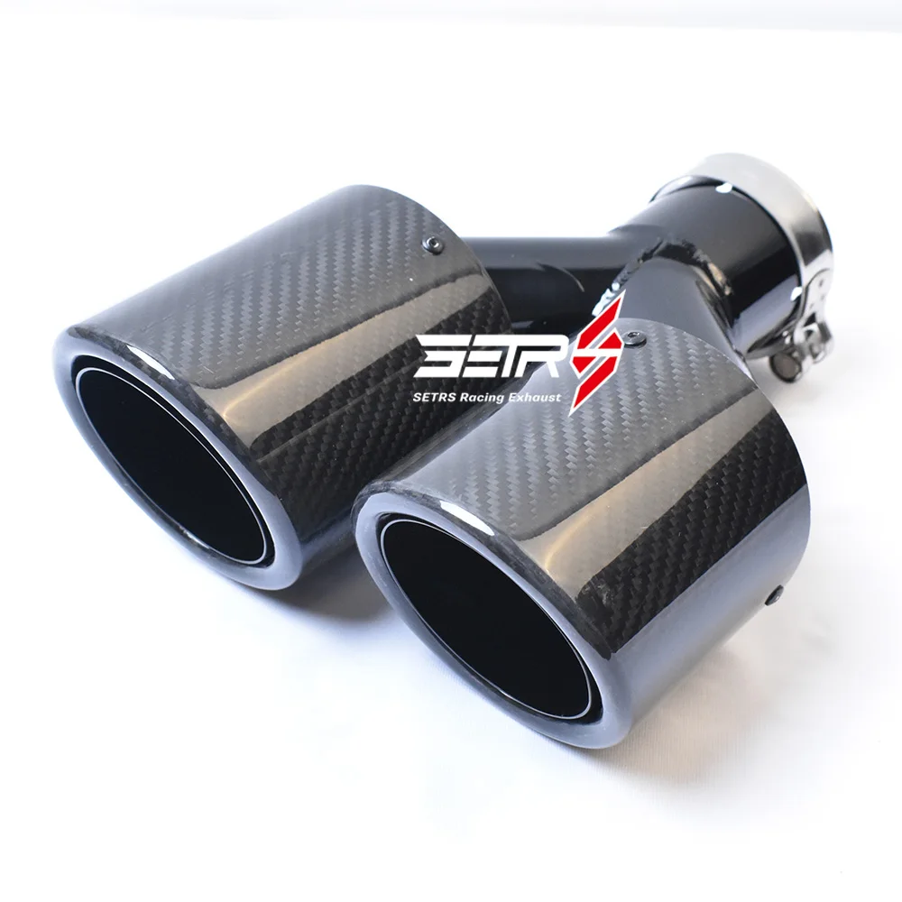 

Right Side On Car Modification Dual Glossy Black Muffler Pipe Twill Carbon Fiber Stainless Steel Exhaust Tip For E63