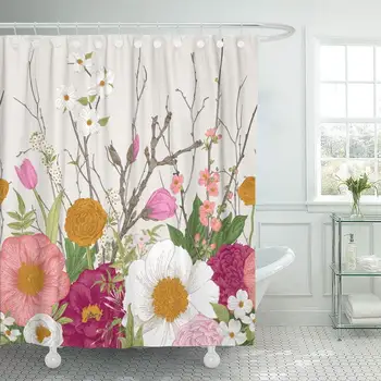 

Fabric Decorative Shower Curtain Curtains Set With Hooks Boho Floral Spring Colorful Flowers Twig Peonies Spirea Cherry Blossom