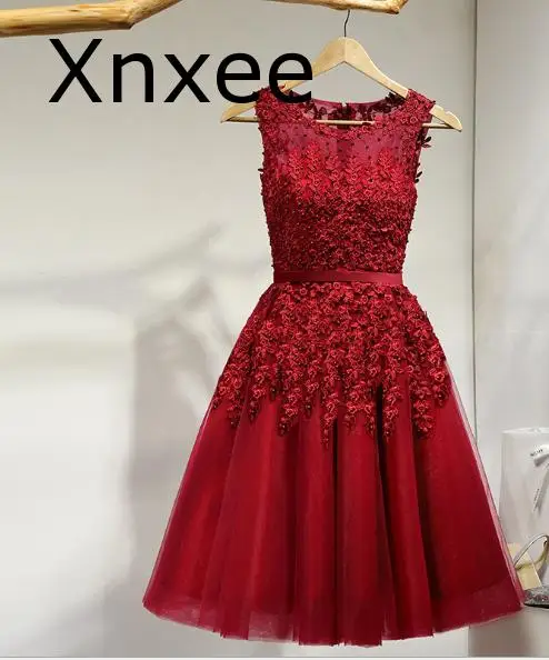 Xnxee Новое короткое платье с кружевной аппликацией и бусинами; Vestido de novia 4XL - Цвет: Бургундия