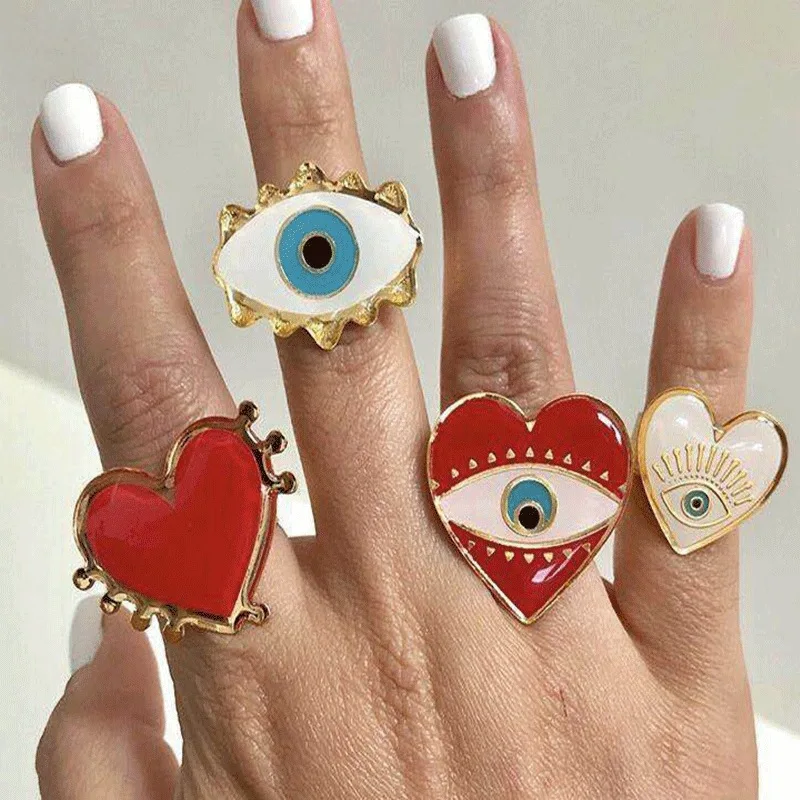 Новое регулируемое Золотое красное сердце Злой Глаз Модные кольца для женщин женские популярные милые сглаза Любовь Сердце Золотое кольцо