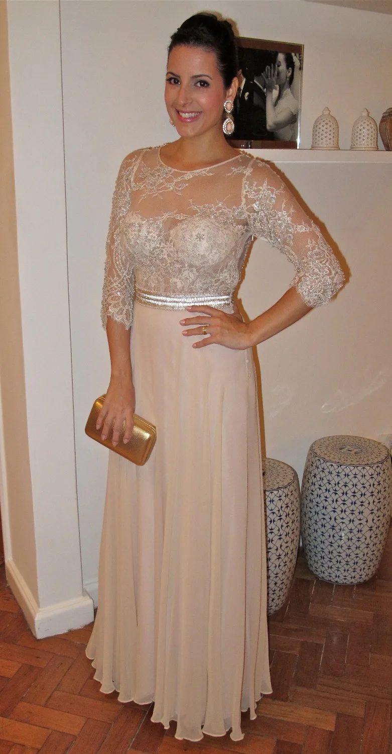 

2018 Real samples New Elegant Champagne Evening gown With Sleeves Lace See Through robe de soiree mother of the bride dresses