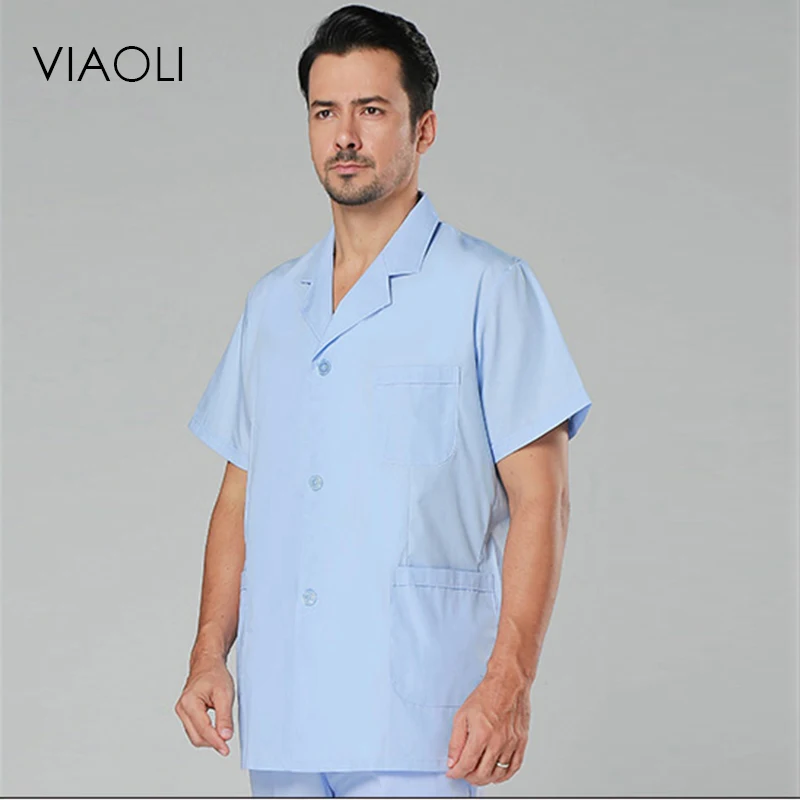 VIAOLI short Sleeve men Medical Coat Uniform Medical Lab Coat Hospital Doctor Clothes suit collar White and blue lab coat