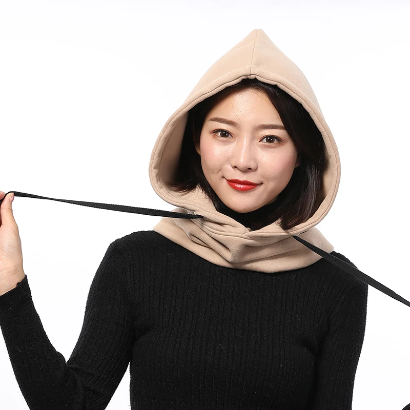 Women Winter Hooded Beanie Hat Thick Warm Cap Neck Collar Windproof Cotton Balaclava Solid Color 2
