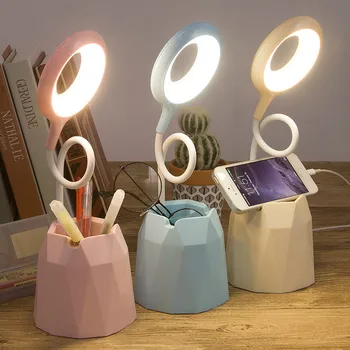 Creative USB Table Light Morden College Dorm Bedroom Study Led Desk Lamp Pen Container Macaroon Eye Protection Ring Table Lamp 1