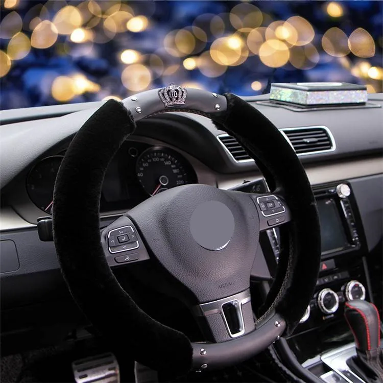 Универсальный Зимний плюшевый Меховой чехол рулевого колеса автомобиля Bling Стразы Корона нескользящий защитный чехол для рулевого колеса для женщин